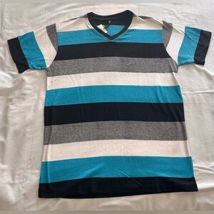 Hawk’s Bay Blue, White, Black, and Gray Striped V-Neck T-Shirt